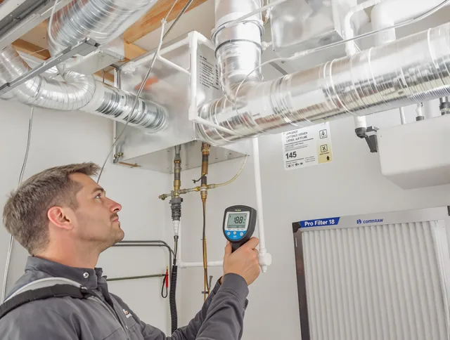 Norton Air Duct Cleaning expert conducting detailed filter system inspection using diagnostic tools in Norton